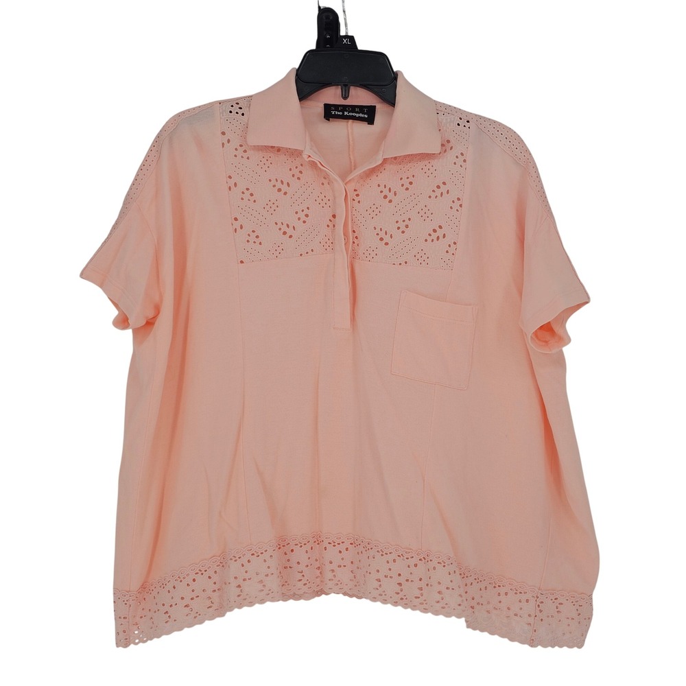 The Kooples Sport Oversized Polo Shirt XS Peach Eyelet Lace Trim Short Sleeve